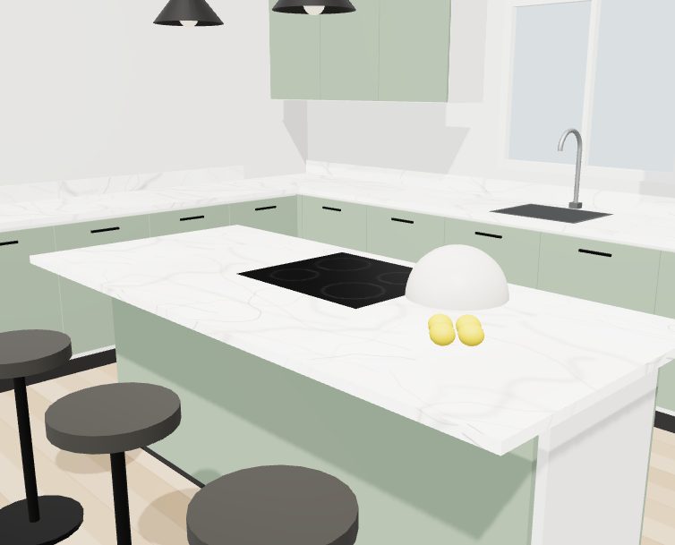 3D sample kitchen with a white veined quartz worktop and sage green cabinets in the worktop visualiser